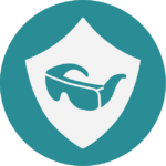 An icon with a shield and safety goggles on the shield.